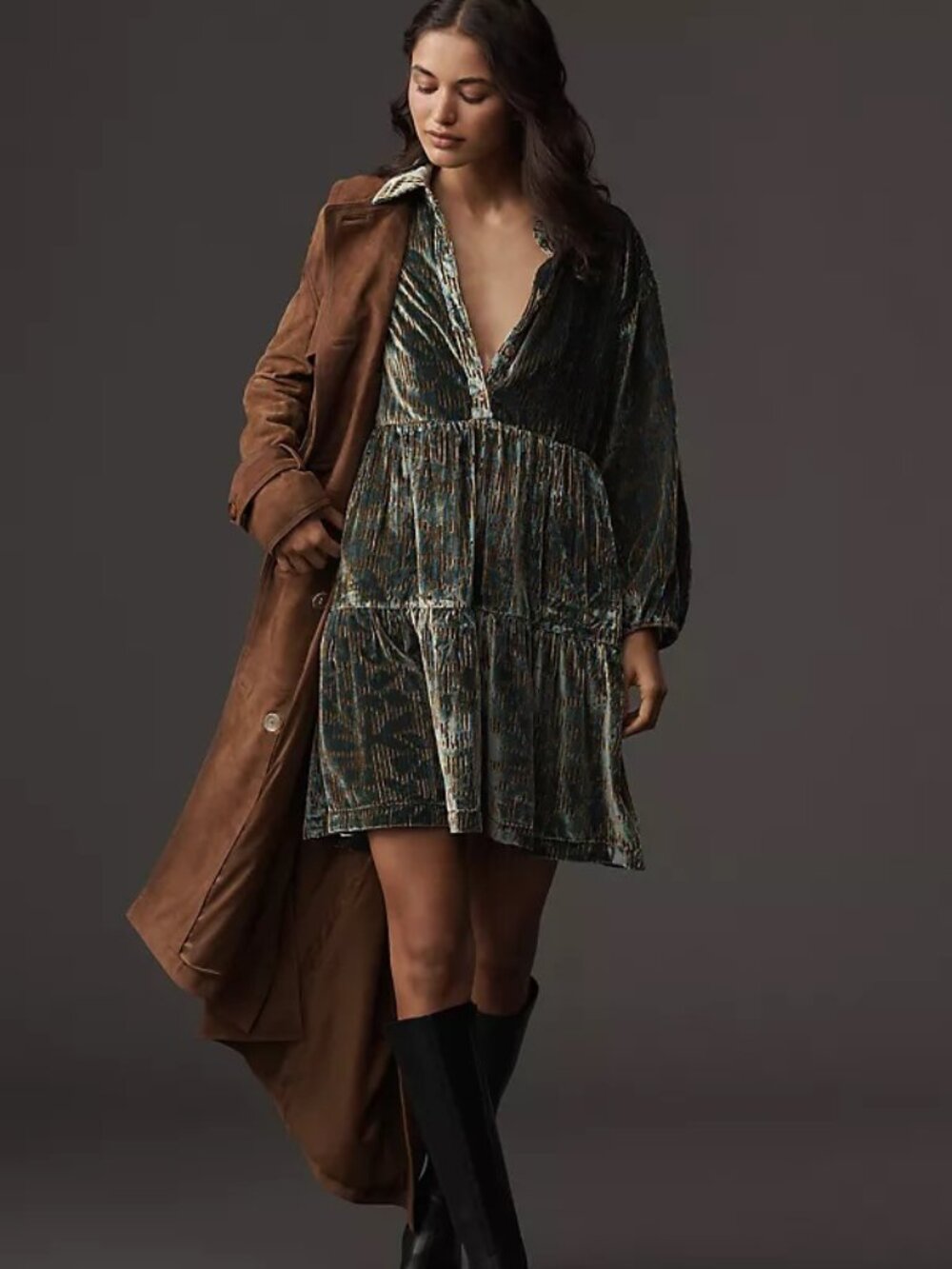 Anthropologie Velvet Mini Dress in Olive Green and Brown